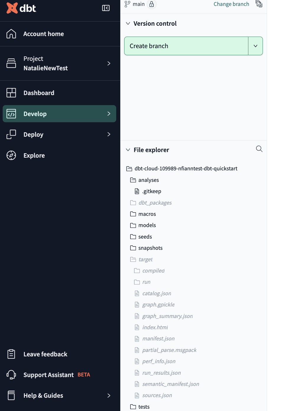 A dbt project on the main branch that has properly configured gitignore folders (highlighted in italics). A dbt project on the main branch that has properly configured gitignore folders (highlighted in italics).